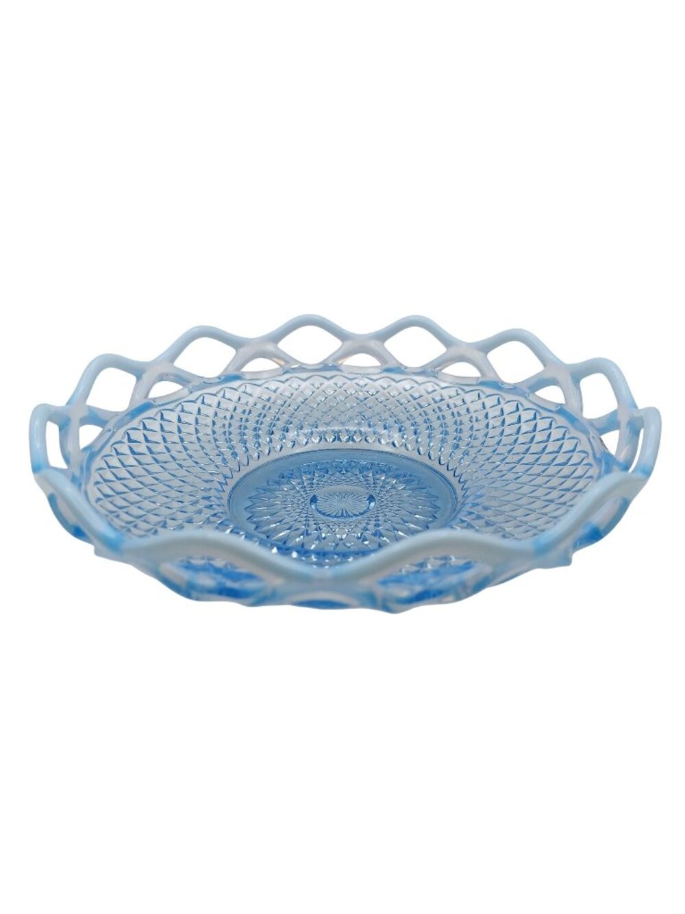 Imperial Glass Katy Blue Bowl Opalescent Open Lace Edge Diamond Point Vintage